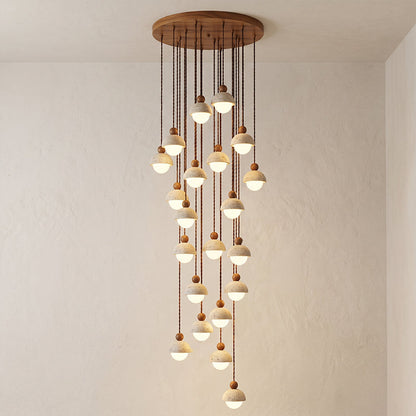 Lámpara colgante de madera con cúpula de travertino