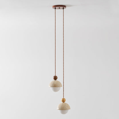 Lámpara colgante de madera con cúpula de travertino