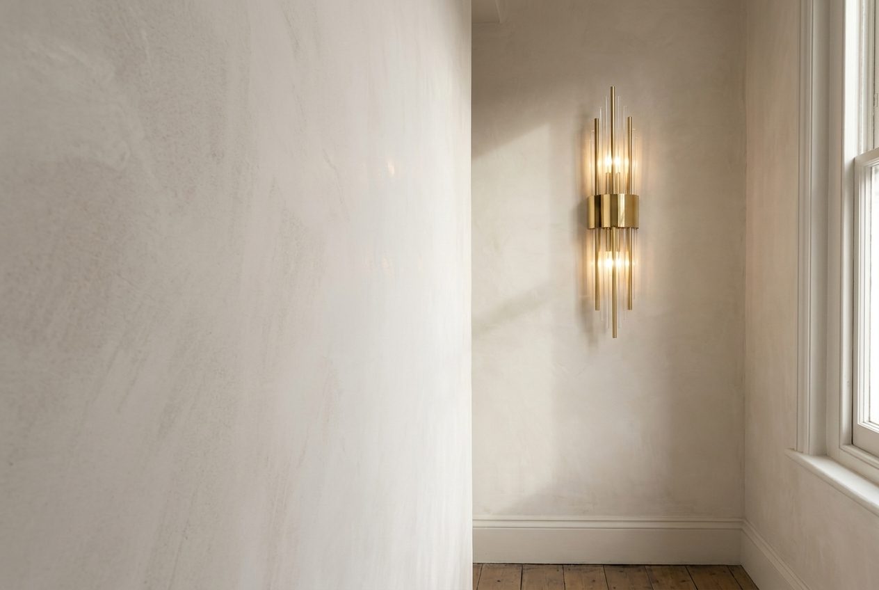 Aplique de pared de cristal y latón en una habitación al anochecer